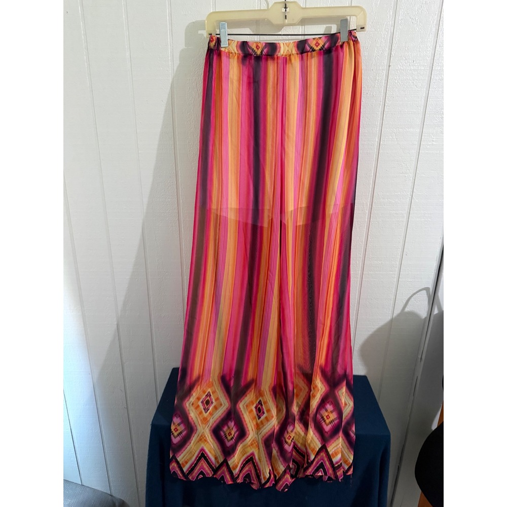 Emma Rose Pink Orange Striped Sheer Wide Leg Palazzo Pants Medium